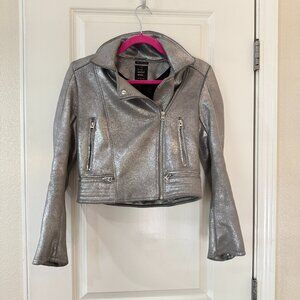 Zara TRF Silver Metallic Women's Moto Jacket Cropped Size Small - VERY SOFT!
